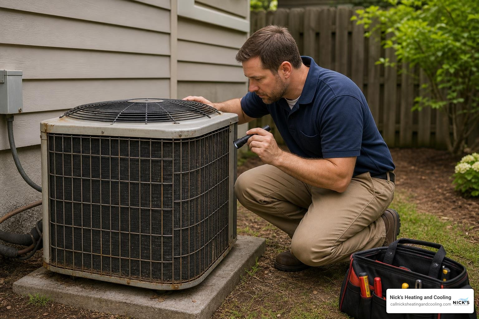 An HVAC technician inspecting an older outdoor AC unit in a residential backyard An HVAC technician inspecting an older outdoor AC unit in a residential backyard