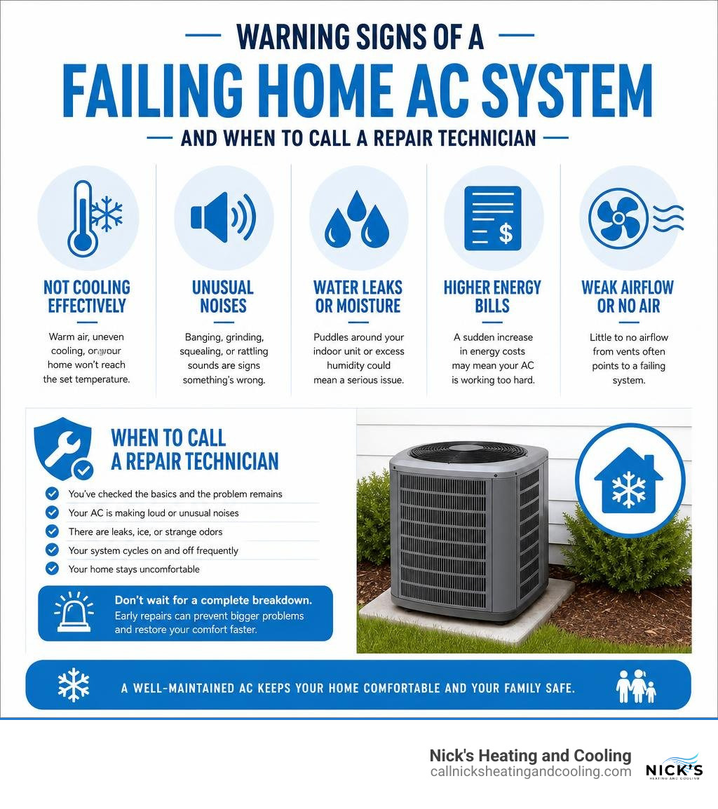 Warning signs of a failing home AC system and when to call a repair technician infographic Warning signs of a failing home AC system and when to call a repair technician infographic
