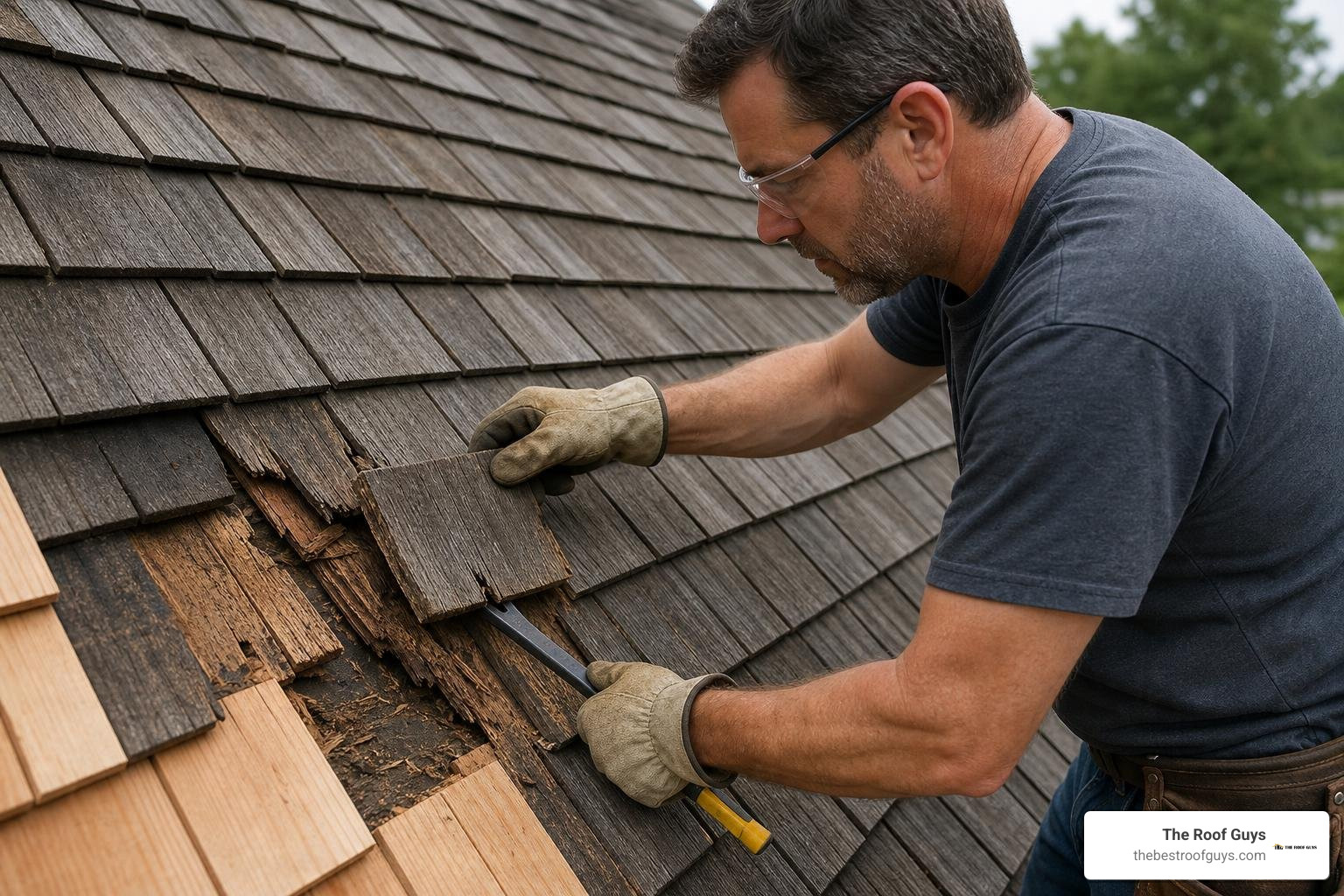 DIYer removing a damaged cedar shingle DIYer removing a damaged cedar shingle