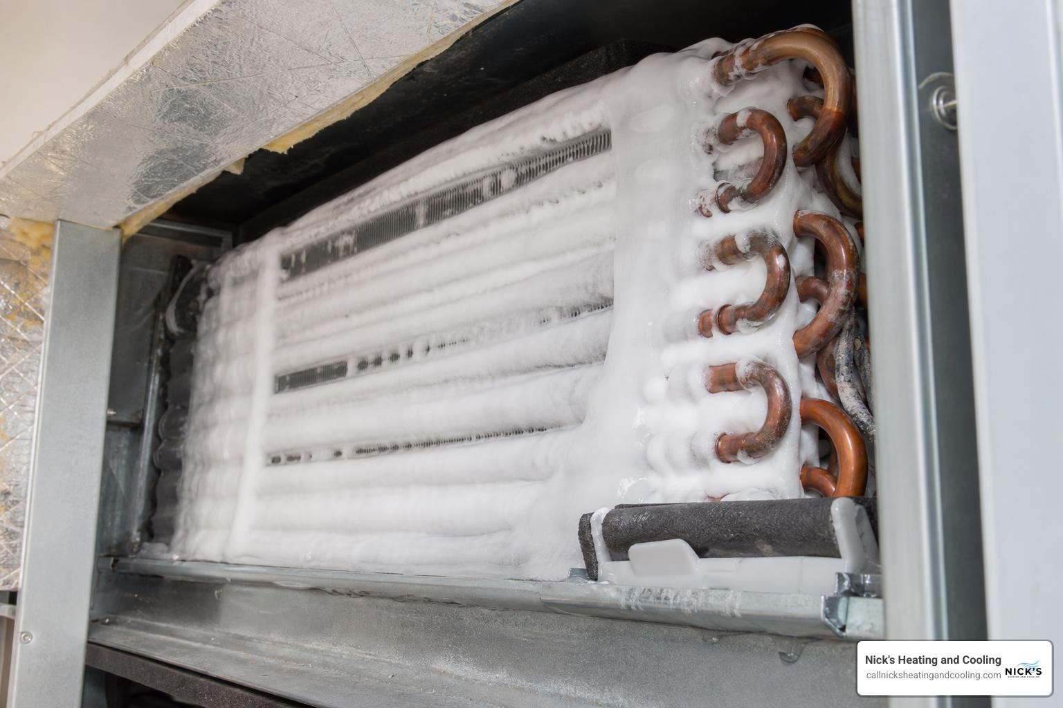 Frozen AC evaporator coil inside a residential air handler Frozen AC evaporator coil inside a residential air handler