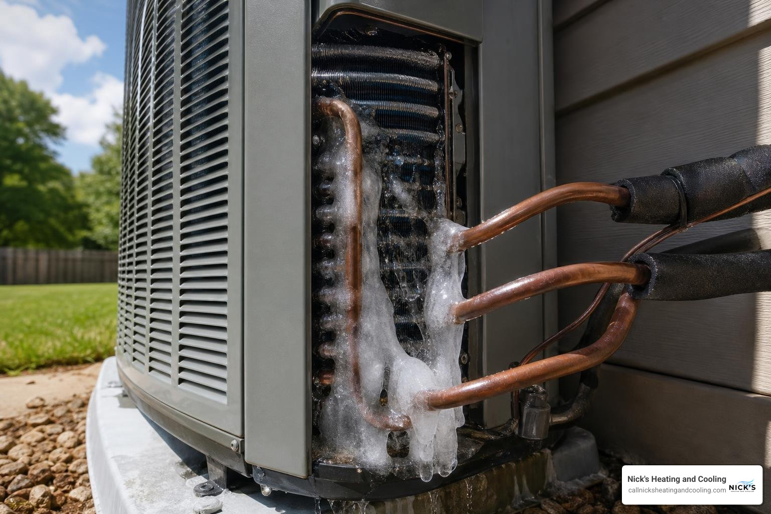 Air conditioner condenser with ice buildup on the copper refrigerant lines Air conditioner condenser with ice buildup on the copper refrigerant lines