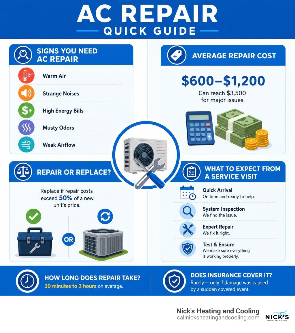Quick guide infographic: signs you need AC repair, average costs, repair vs replace tips, and what to expect from a service Quick guide infographic: signs you need AC repair, average costs, repair vs replace tips, and what to expect from a service
