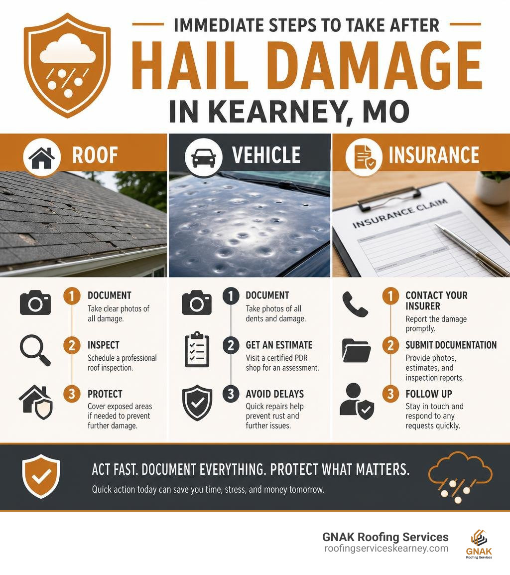 Immediate steps to take after hail damage in Kearney MO — roof, vehicle, and insurance checklist infographic Immediate steps to take after hail damage in Kearney MO — roof, vehicle, and insurance checklist infographic