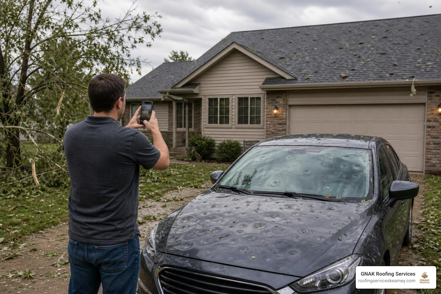 Homeowner documenting storm and hail damage on property in Kearney, MO Homeowner documenting storm and hail damage on property in Kearney, MO