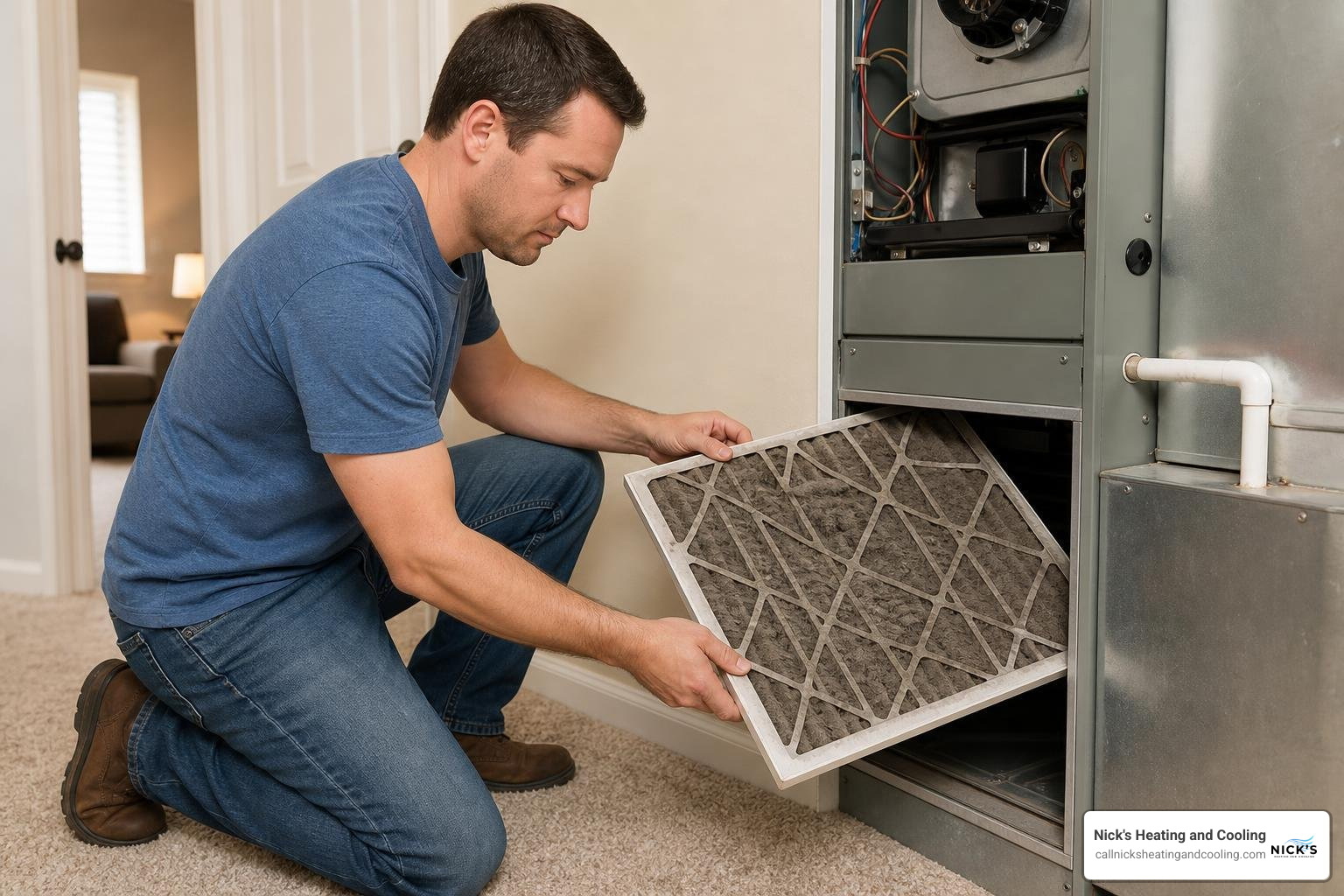 Homeowner changing a dirty HVAC air filter Homeowner changing a dirty HVAC air filter