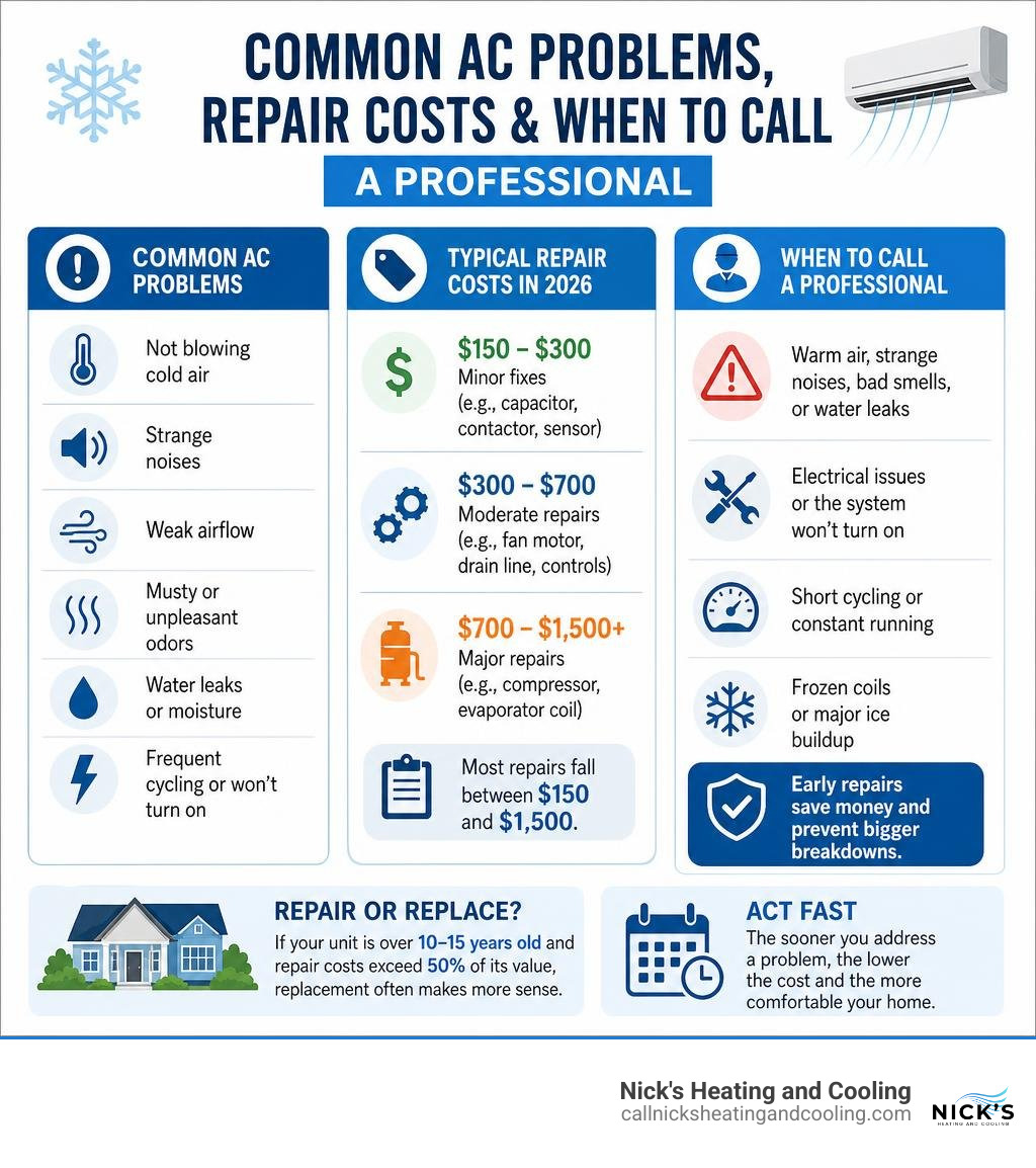 Common AC problems, repair costs, and when to call a professional infographic infographic Common AC problems, repair costs, and when to call a professional infographic infographic
