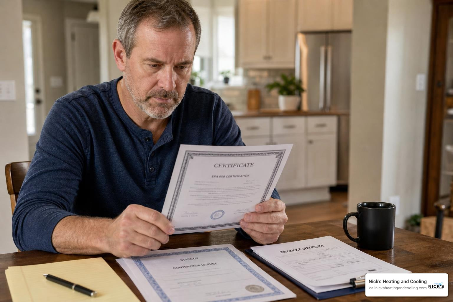 Homeowner reviewing an HVAC contractor's credentials and licensing documents Homeowner reviewing an HVAC contractor's credentials and licensing documents
