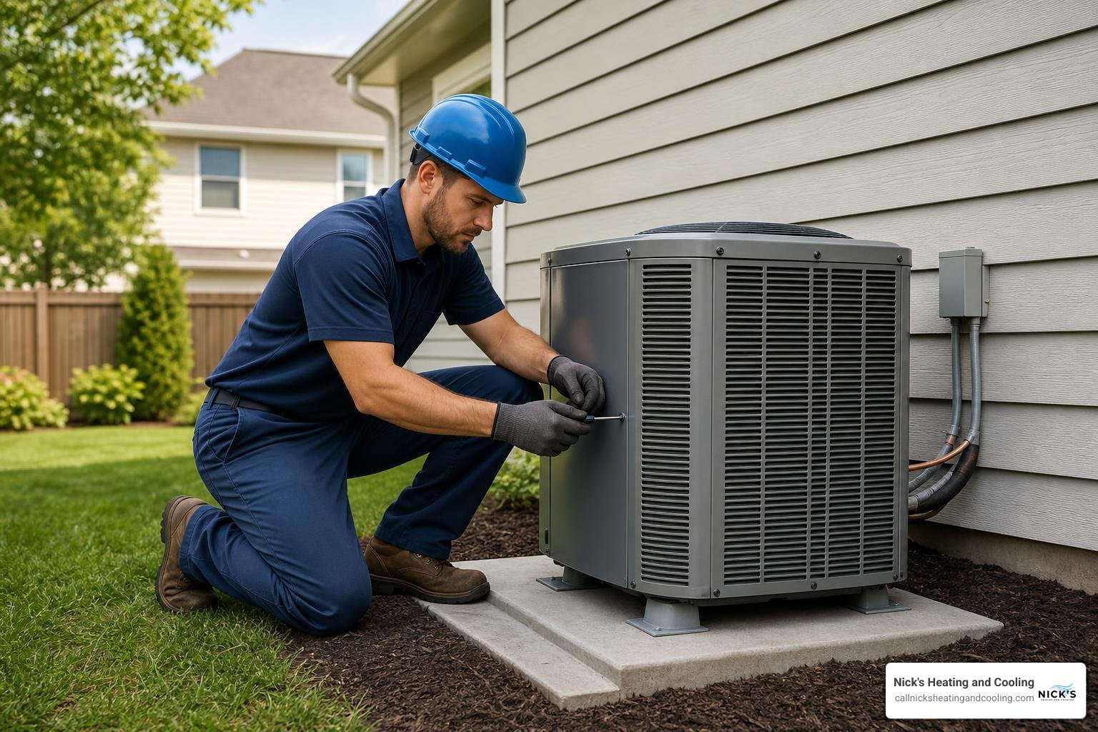 Technician installing a modern outdoor HVAC unit Technician installing a modern outdoor HVAC unit