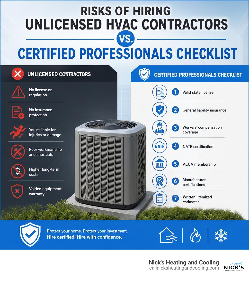 Risks of hiring unlicensed HVAC contractors vs. certified professionals checklist infographic Risks of hiring unlicensed HVAC contractors vs. certified professionals checklist infographic