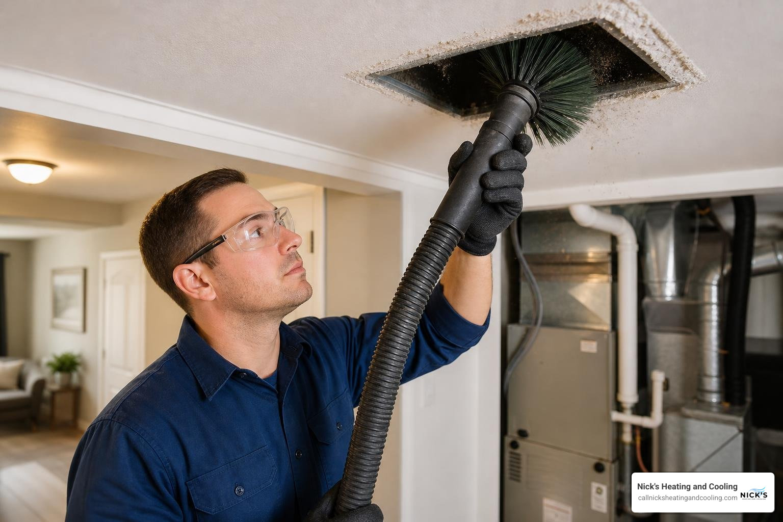 Technician performing professional air duct cleaning and inspection Technician performing professional air duct cleaning and inspection