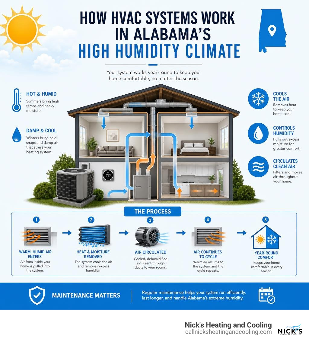 How HVAC systems work in Alabama's high humidity climate infographic How HVAC systems work in Alabama's high humidity climate infographic