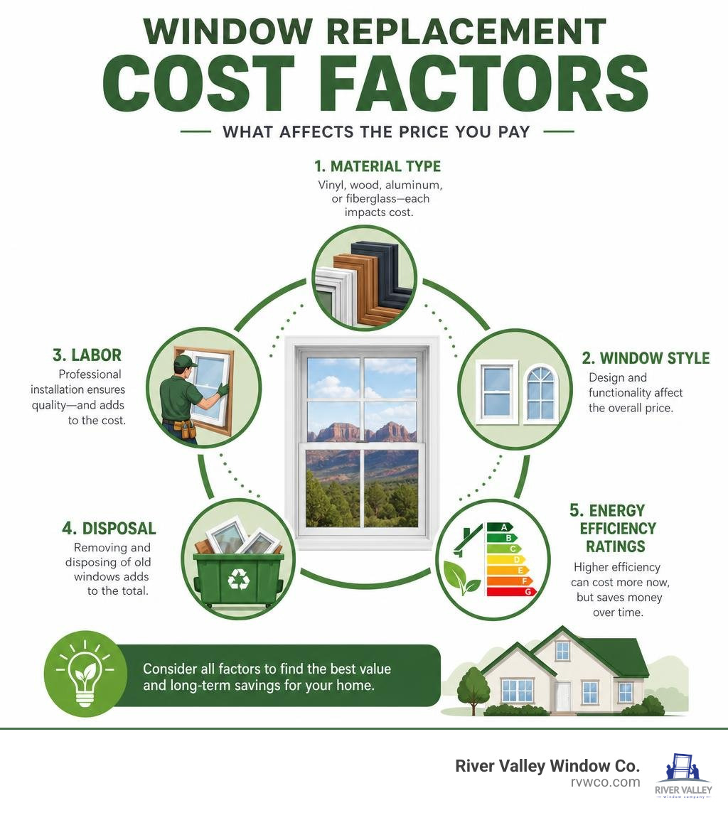 Window replacement cost factors: material type, window style, labor, disposal, and energy efficiency ratings infographic Window replacement cost factors: material type, window style, labor, disposal, and energy efficiency ratings infographic