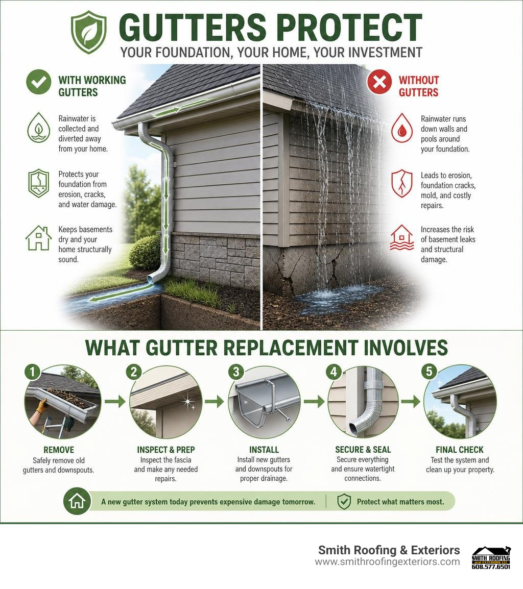 Infographic showing how gutters protect a home's foundation from water damage and what replacement involves infographic Infographic showing how gutters protect a home's foundation from water damage and what replacement involves infographic