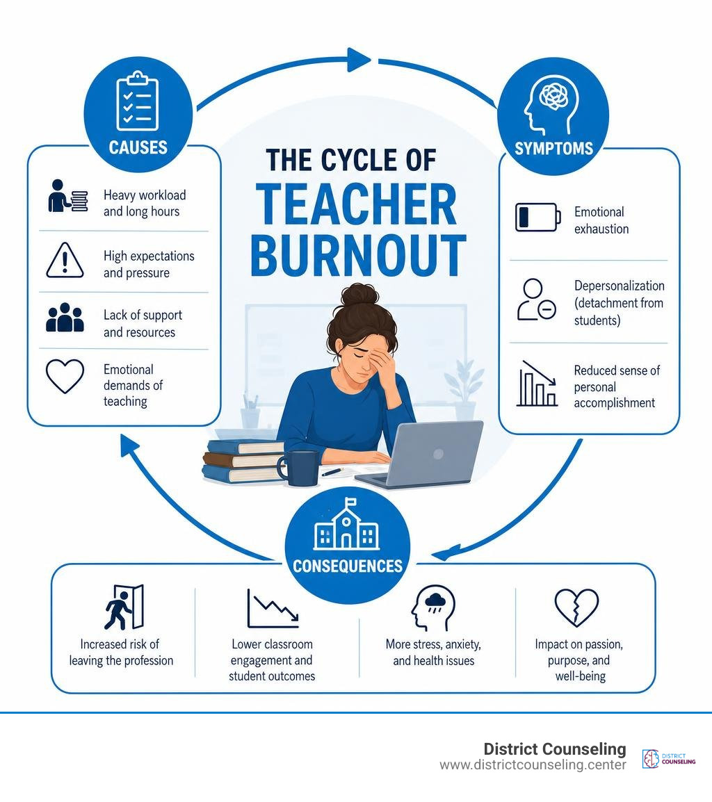 cycle of teacher burnout causes symptoms and consequences infographic infographic