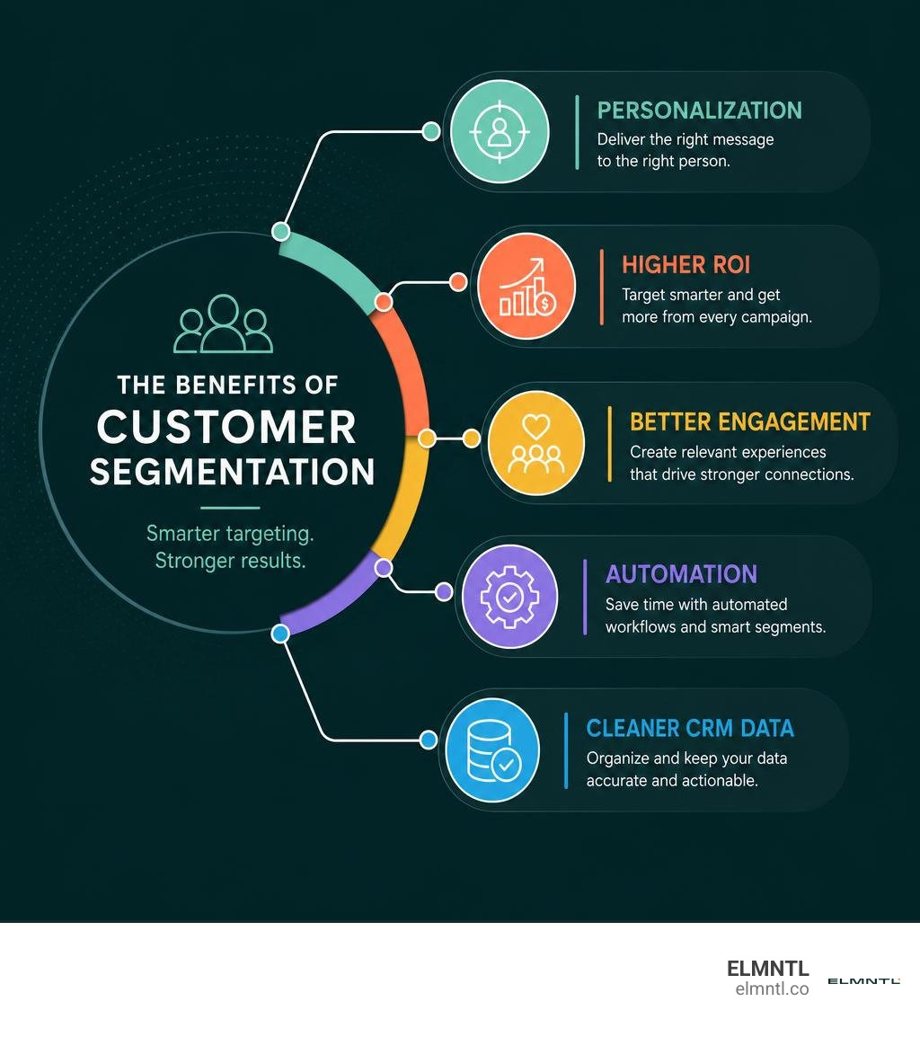 Benefits of HubSpot customer segmentation: personalization, higher ROI, better engagement, automation, and cleaner CRM data