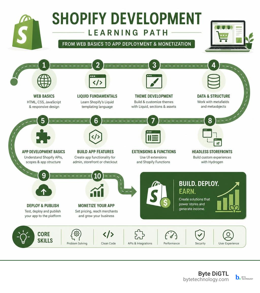 Shopify development learning path from web basics to app deployment and monetization infographic Shopify development learning path from web basics to app deployment and monetization infographic