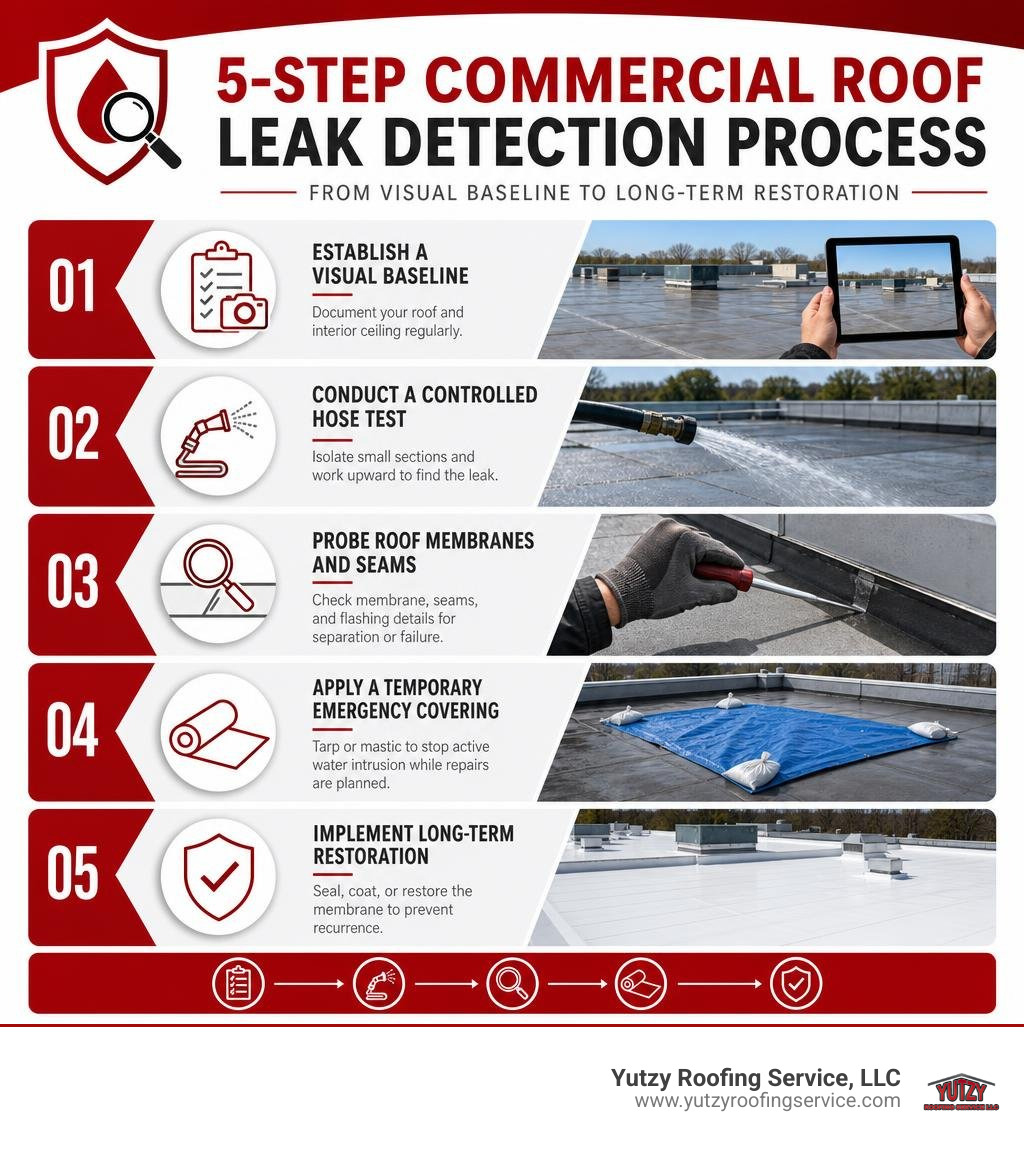 5-step commercial roof leak detection process from visual baseline to long-term restoration infographic 5-step commercial roof leak detection process from visual baseline to long-term restoration infographic