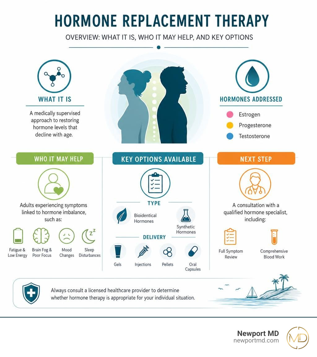 Overview infographic: what hormone replacement therapy is, who it may help, and key options available infographic