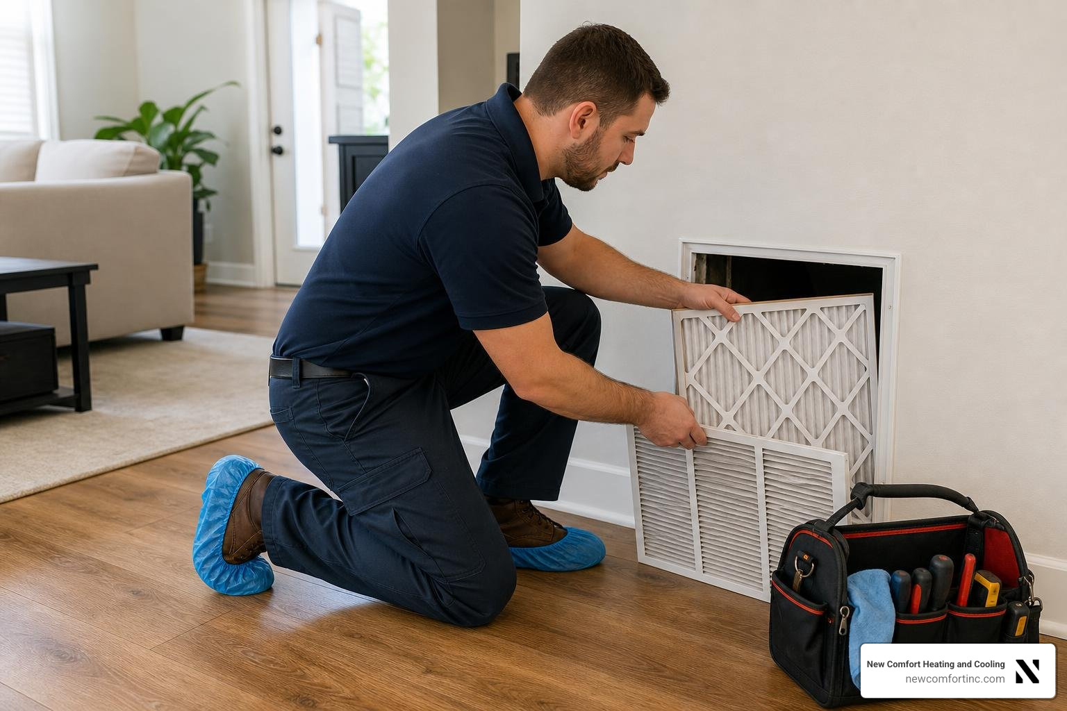 HVAC technician wearing protective shoe booties inside a clean home