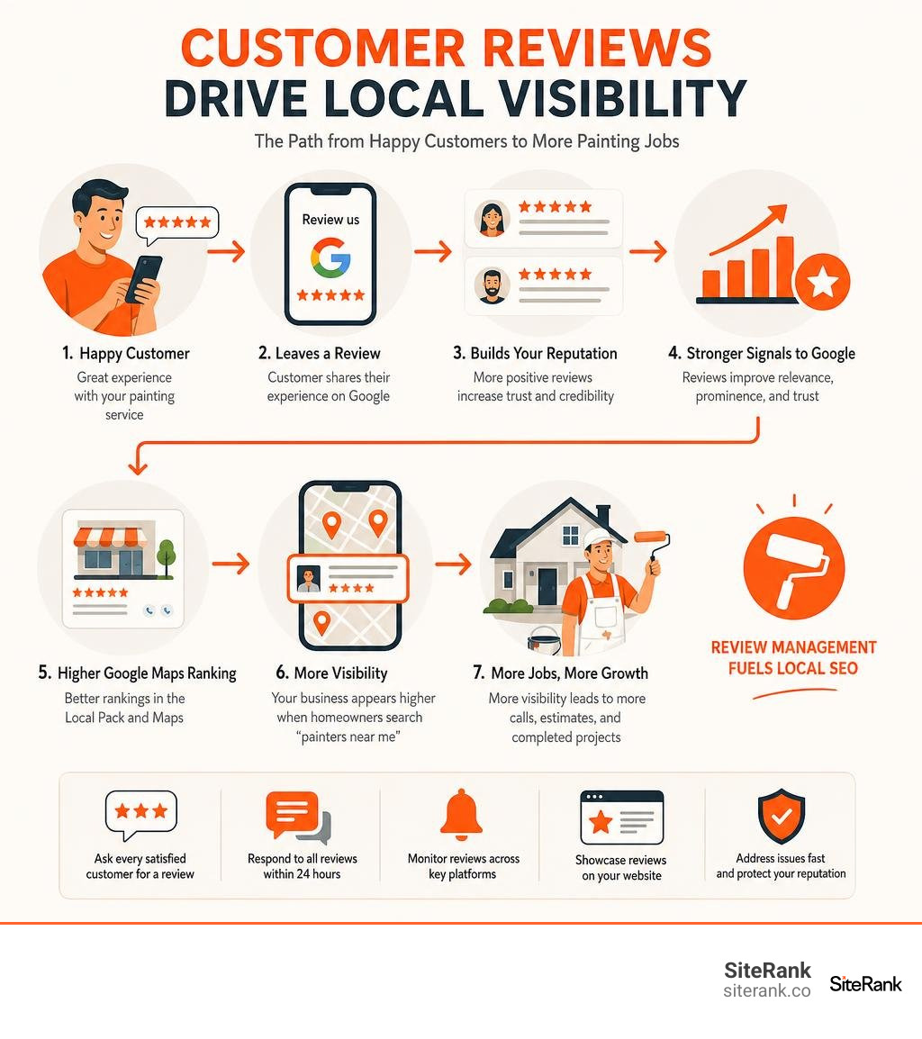 Infographic showing how customer reviews connect to local search visibility and Google Maps rankings for painters infographic Infographic showing how customer reviews connect to local search visibility and Google Maps rankings for painters infographic