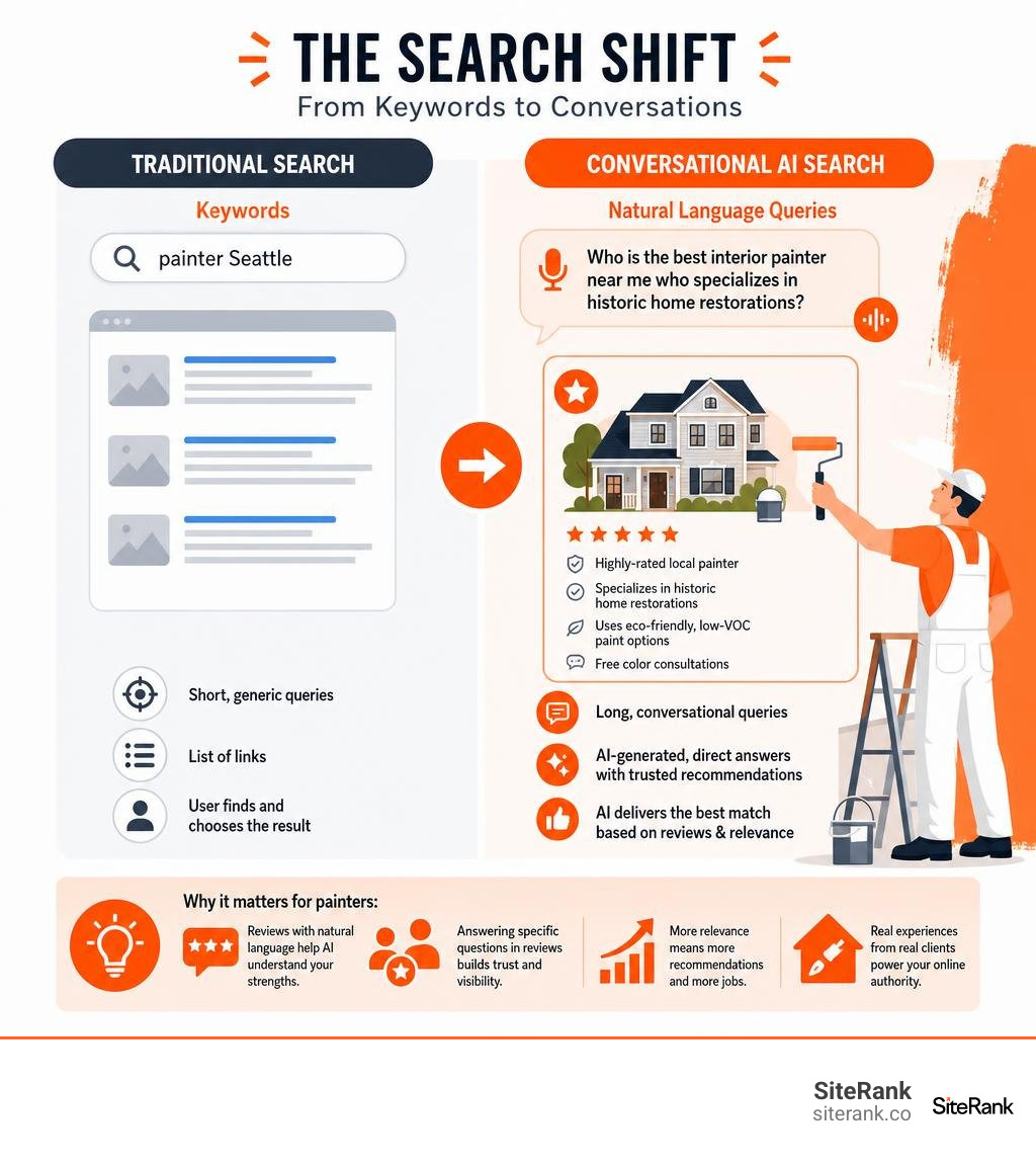 Infographic detailing the shift from traditional search keywords to conversational AI queries infographic Infographic detailing the shift from traditional search keywords to conversational AI queries infographic