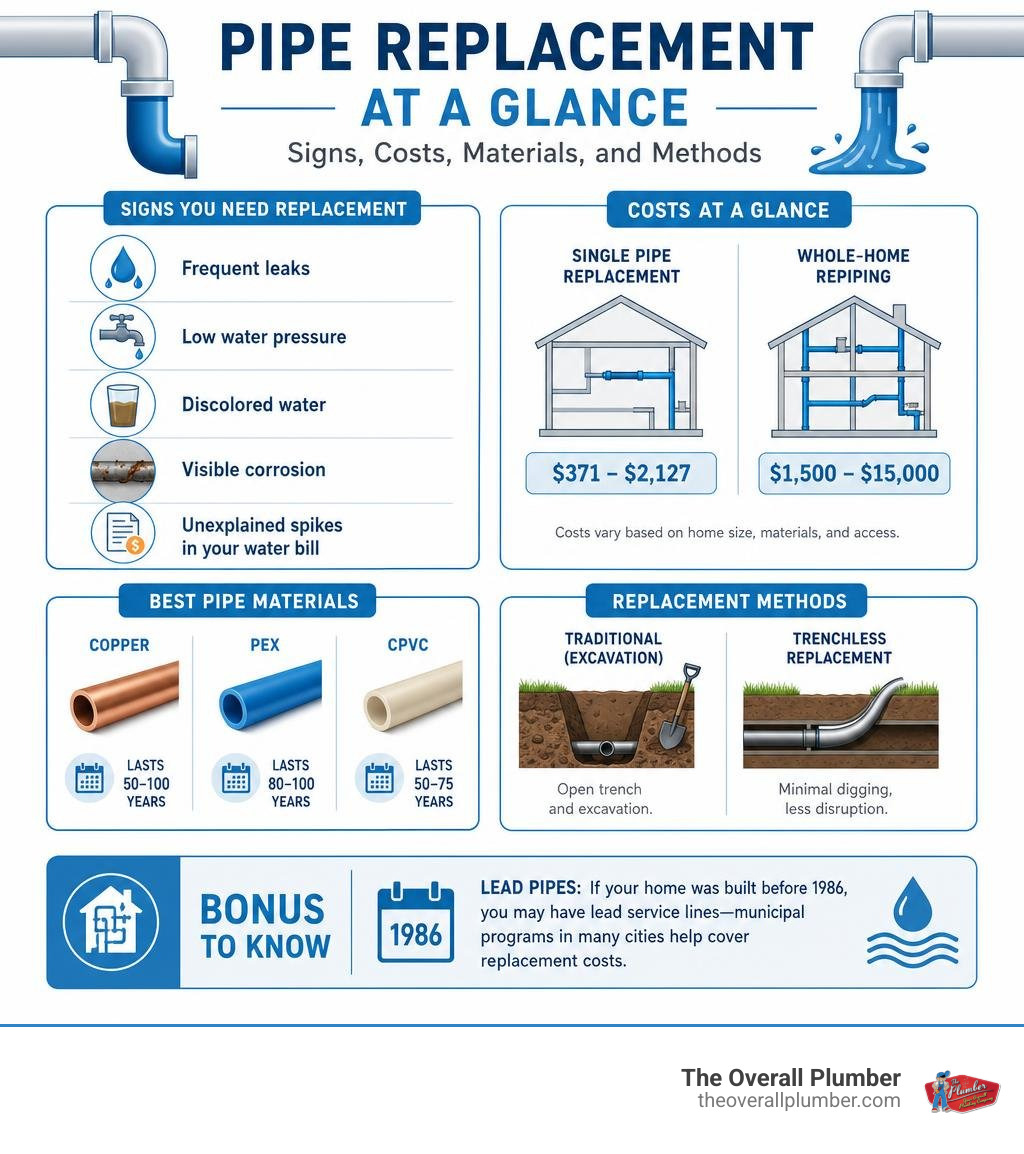 Pipe replacement indicators infographic: signs, costs, materials, and methods at a glance infographic Pipe replacement indicators infographic: signs, costs, materials, and methods at a glance infographic