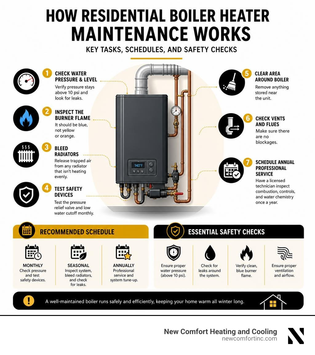 How residential boiler heater maintenance works: key tasks, schedules, and safety checks infographic