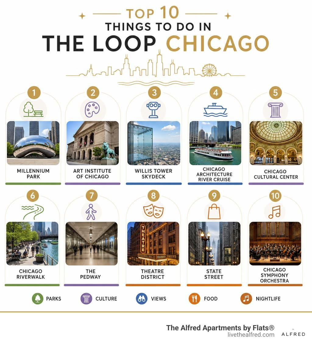 Top 10 things to do in the Loop Chicago with categories: parks, culture, views, food, and nightlife infographic