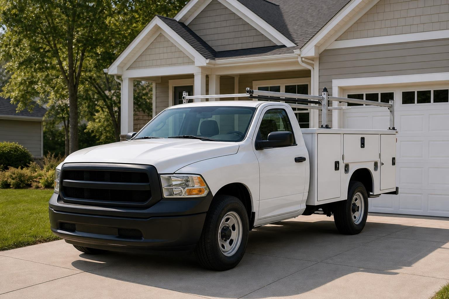 Modern clean service truck parked on a residential driveway