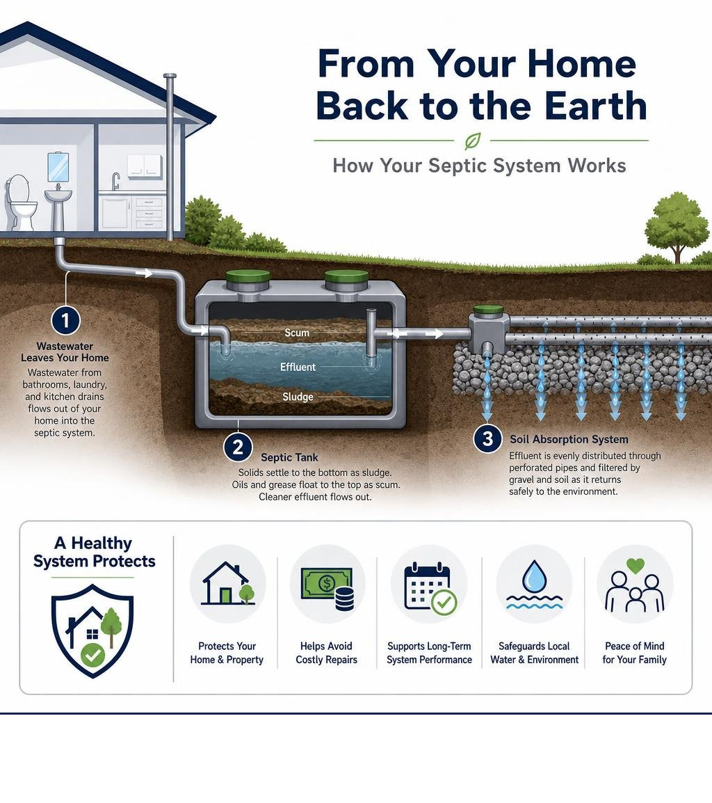 Infographic showing household wastewater flow through a septic tank and into the soil absorption system infographic