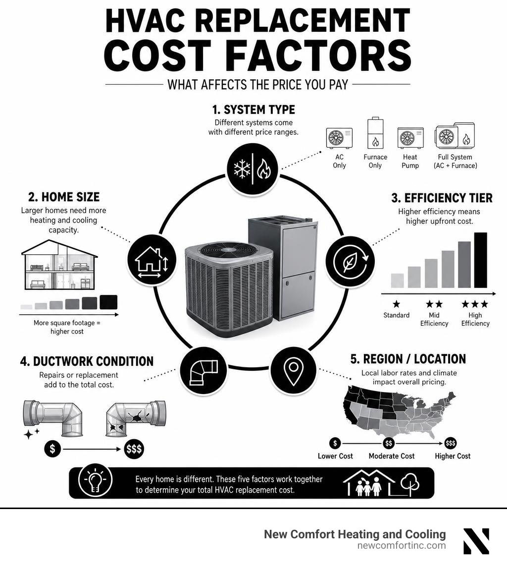 HVAC replacement cost factors infographic: system type, home size, efficiency tier, ductwork, and region infographic