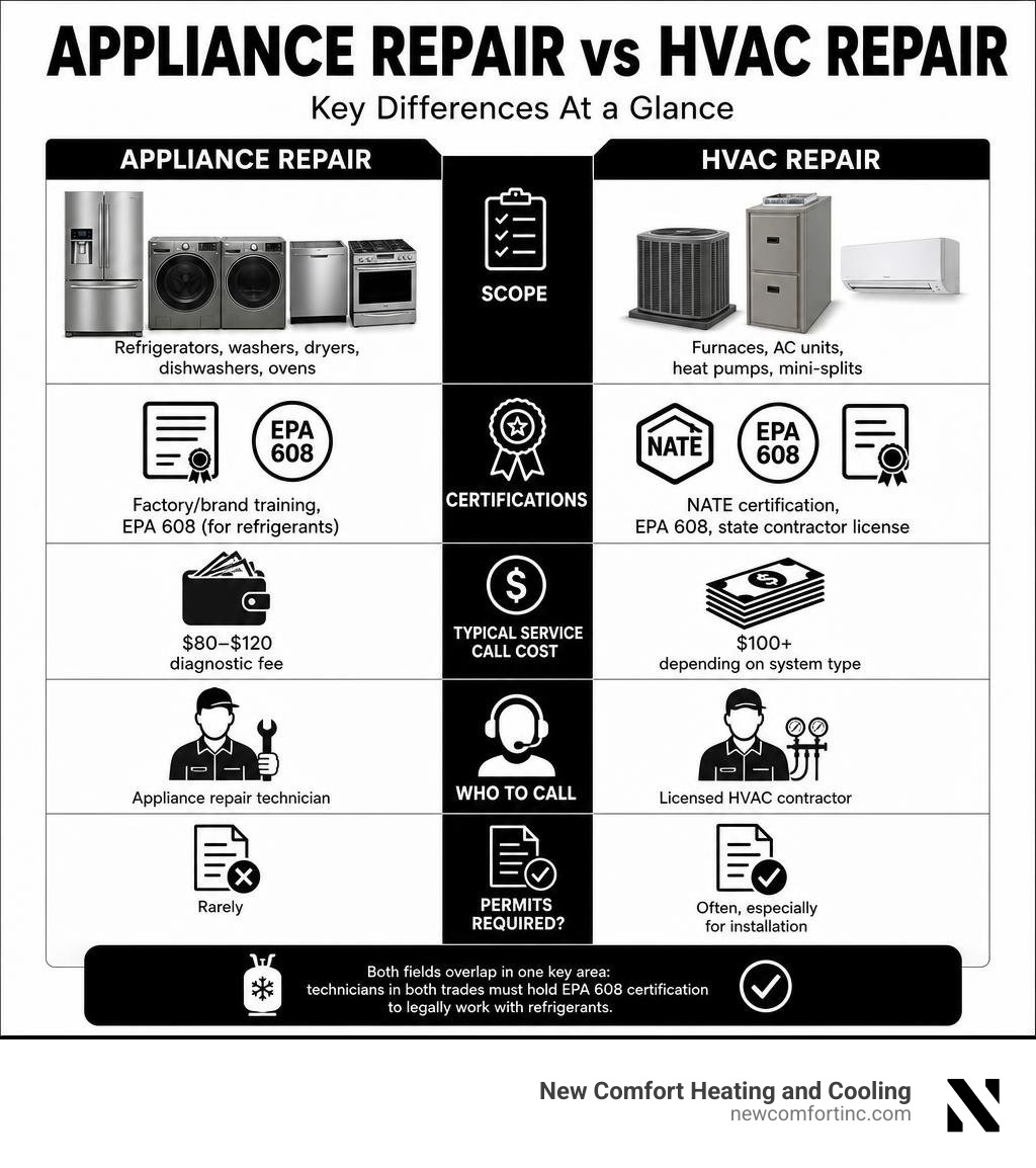 Infographic comparing appliance repair vs HVAC repair: scope, certifications, costs, and who to call infographic