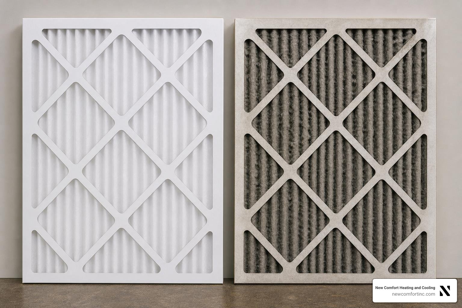 A comparison of a clean white HVAC filter next to a completely clogged, gray, dust-coated filter A comparison of a clean white HVAC filter next to a completely clogged, gray, dust-coated filter