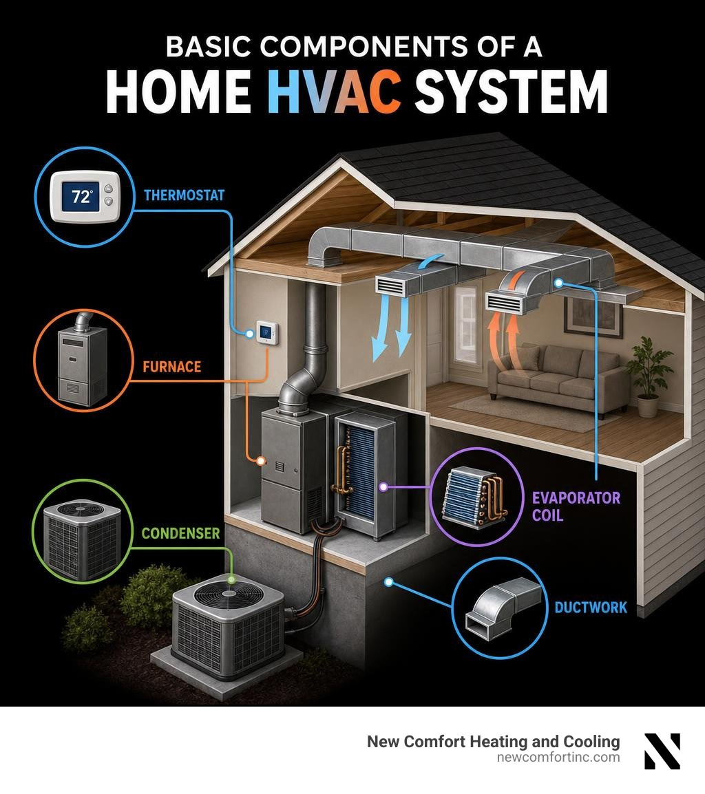Basic components of a home HVAC system with labels for thermostat, furnace, evaporator coil, condenser, and ductwork Basic components of a home HVAC system with labels for thermostat, furnace, evaporator coil, condenser, and ductwork