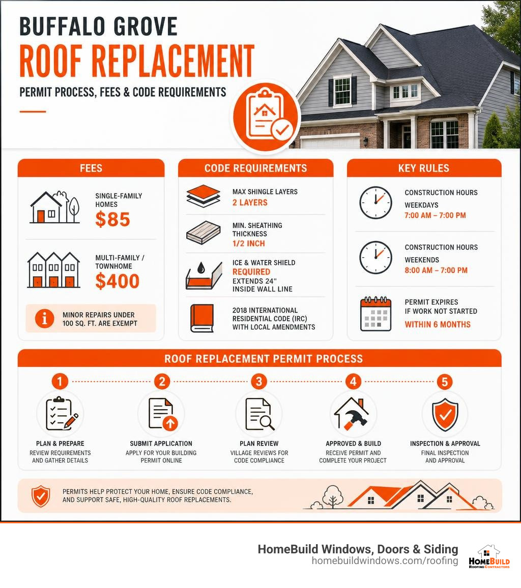 Buffalo Grove roof replacement permit process infographic with fees, code requirements, and steps infographic