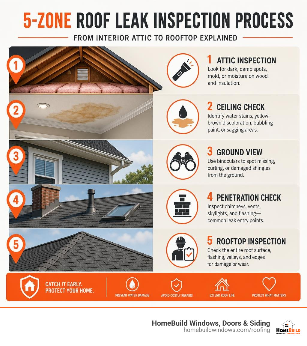 5-zone roof leak inspection process from interior attic to rooftop explained infographic