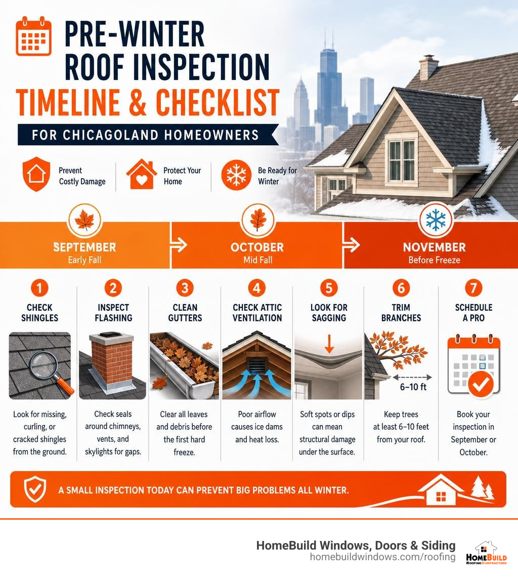 Pre-winter roof inspection timeline and checklist for Chicagoland homeowners infographic