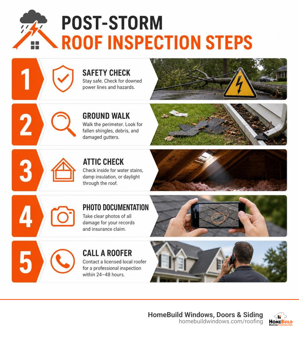 Post-storm roof inspection steps: safety check, ground walk, attic check, photo documentation, call roofer infographic