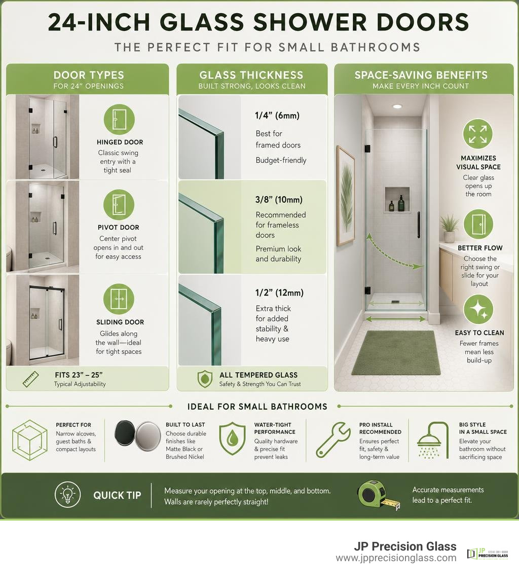 Infographic comparing 24-inch shower door types, glass thickness, and space-saving benefits for small bathrooms infographic