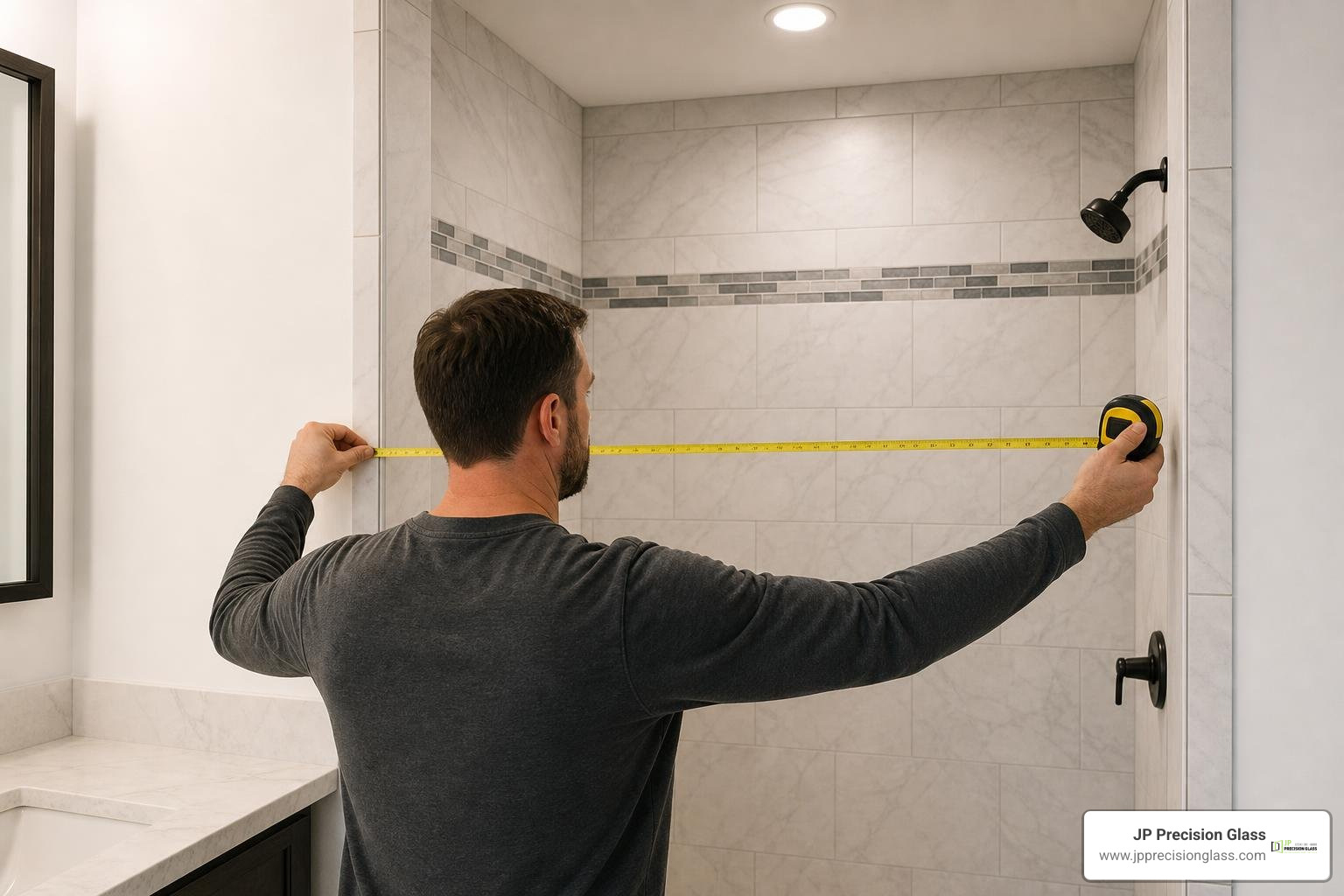 Measuring tape on shower tile to measure a shower opening