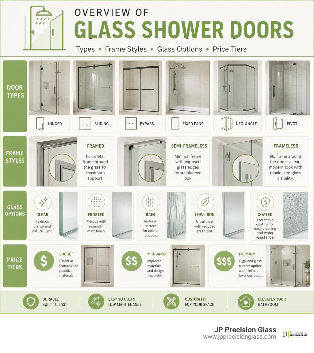 Overview infographic of glass shower door types, frame styles, glass options, and price tiers infographic Overview infographic of glass shower door types, frame styles, glass options, and price tiers infographic