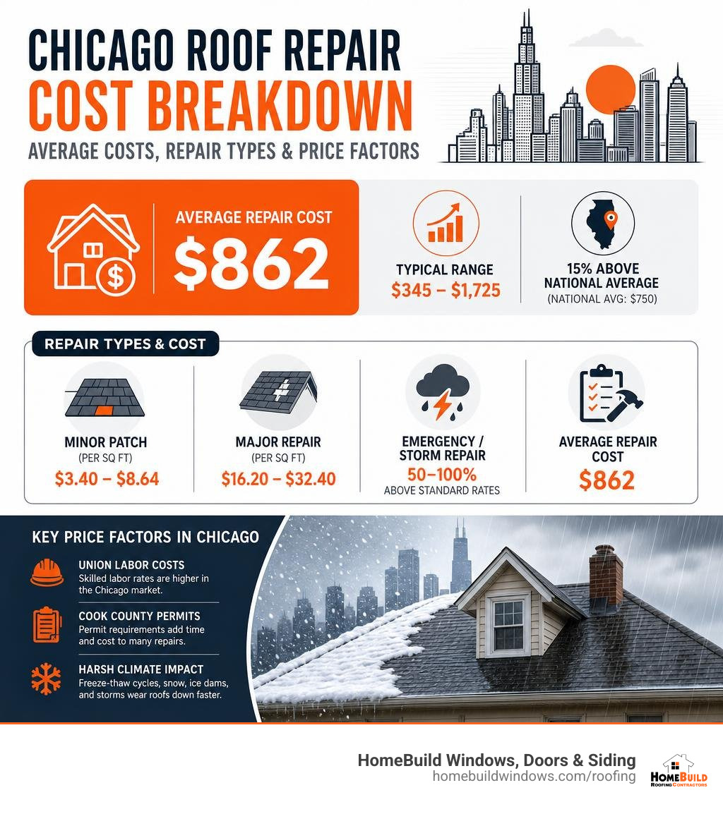 Chicago roof repair cost breakdown infographic with average costs, repair types, and price factors infographic