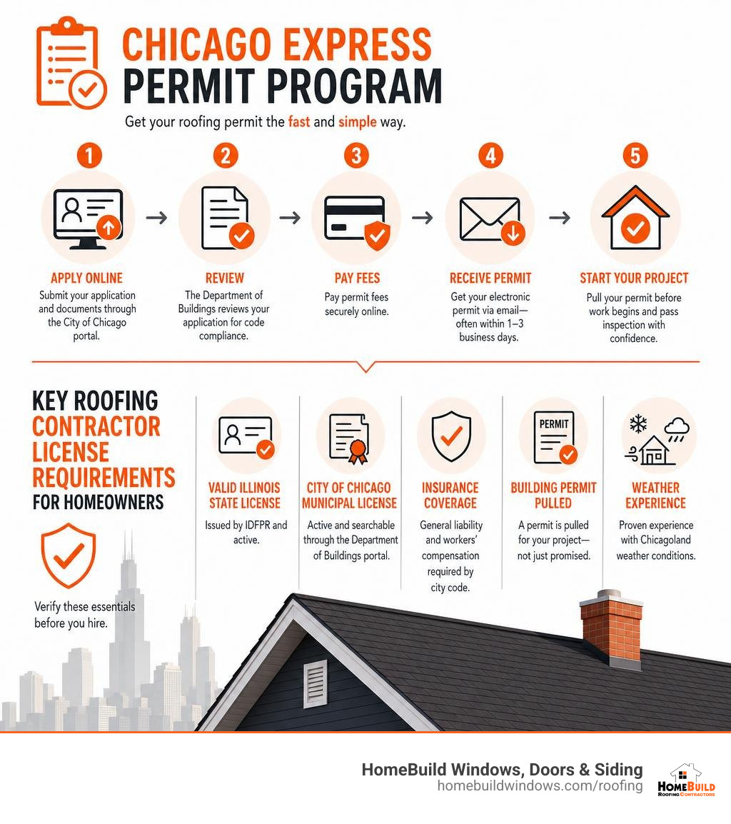 Infographic showing Chicago Express Permit Program steps and key roofing contractor license requirements for homeowners