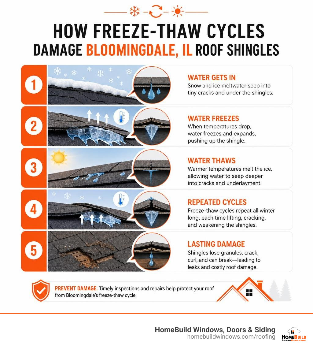 How freeze-thaw cycles damage Bloomingdale IL roof shingles step by step infographic
