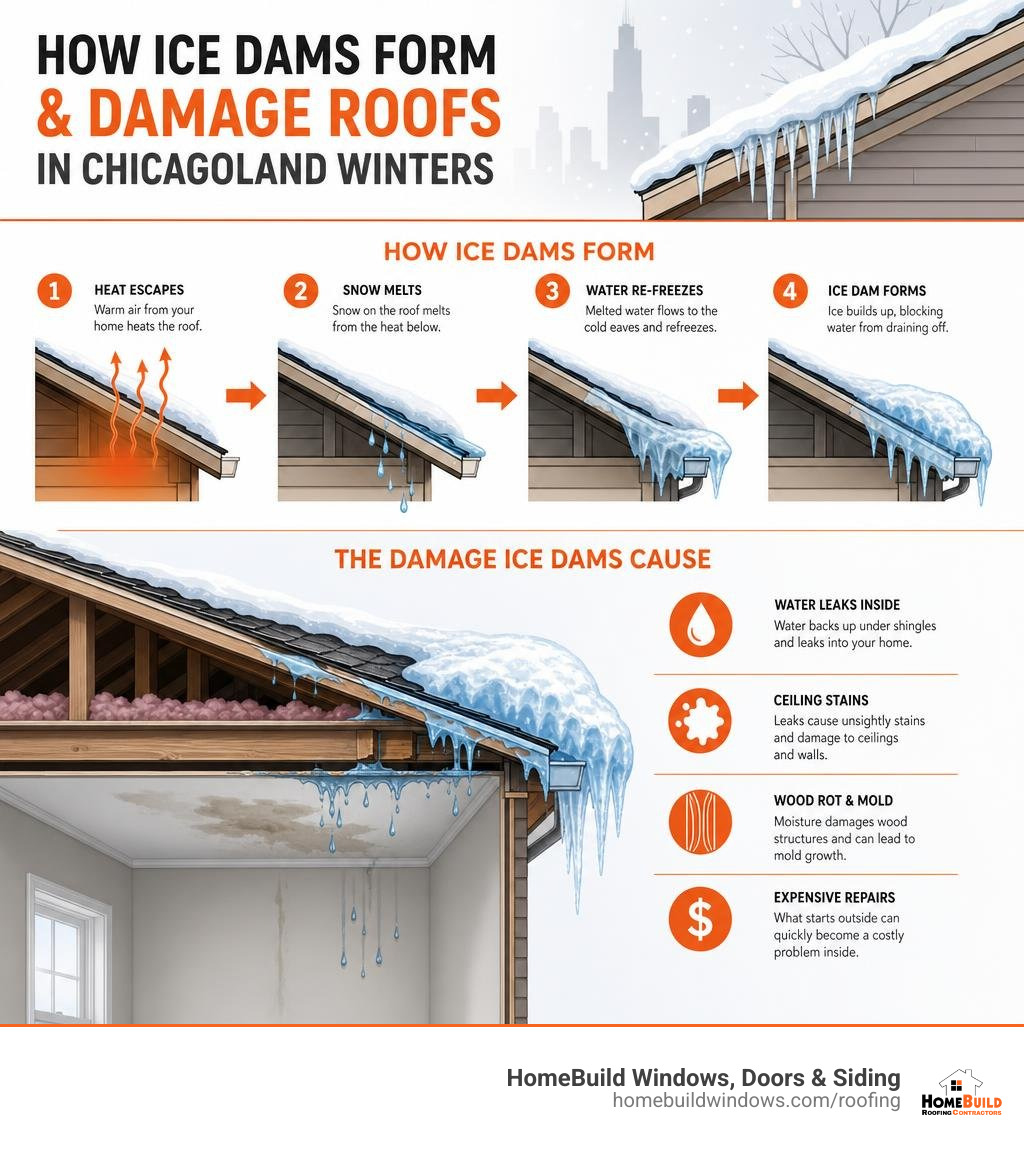 Infographic: how ice dams form and damage roofs in Chicagoland winters infographic