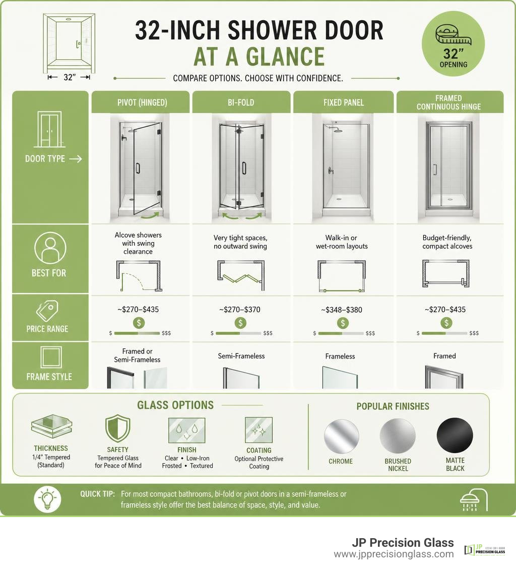 Comparison infographic of 32-inch shower door types, configurations, glass options, and price ranges infographic