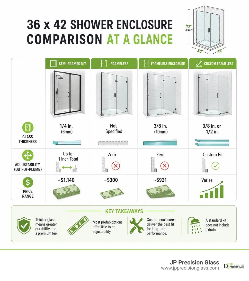 Comparison infographic of 36 x 42 shower enclosure types, glass thickness, adjustability, and price infographic Comparison infographic of 36 x 42 shower enclosure types, glass thickness, adjustability, and price infographic