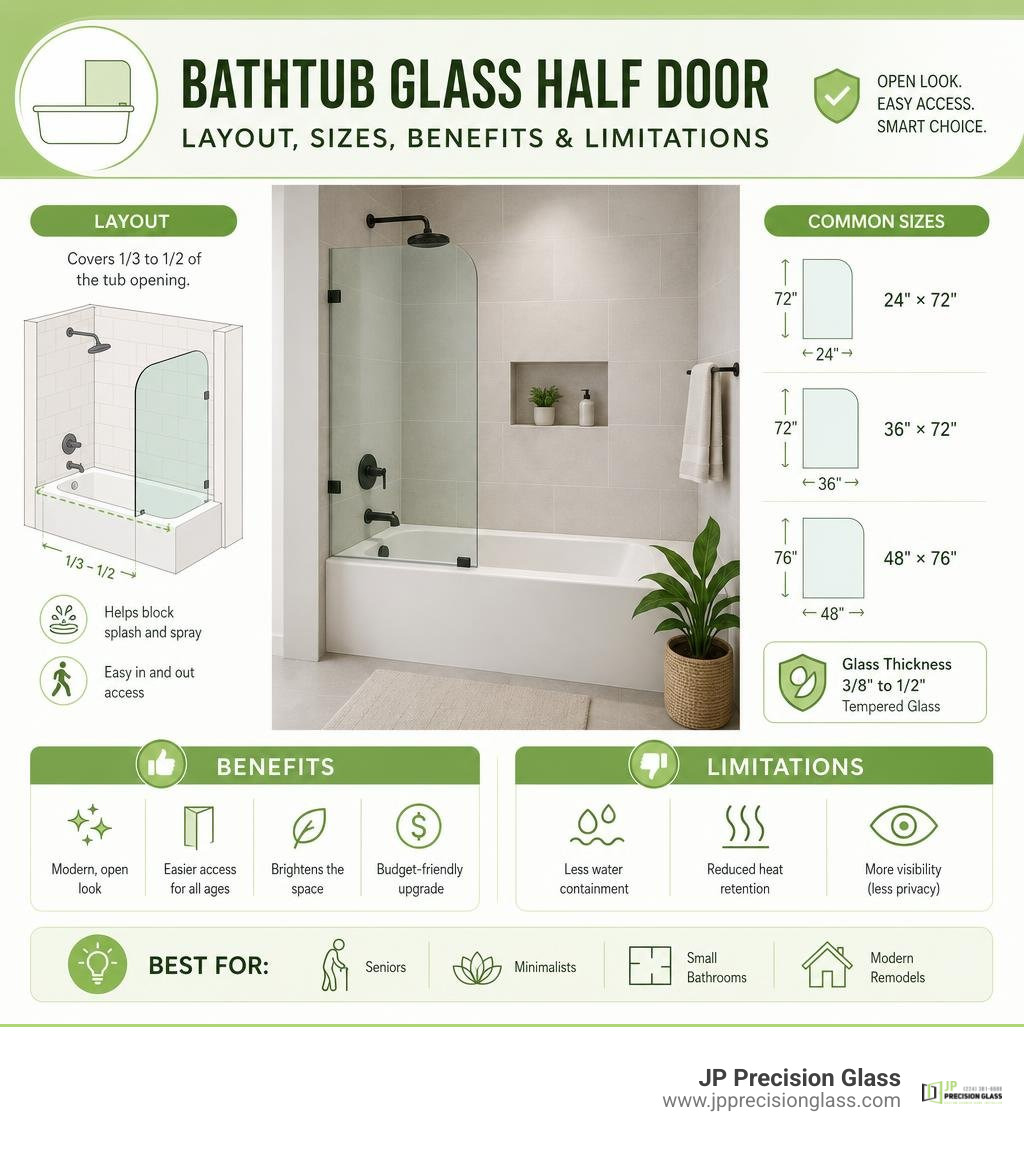 infographic showing half glass tub door layout, sizes, benefits, and limitations infographic infographic showing half glass tub door layout, sizes, benefits, and limitations infographic