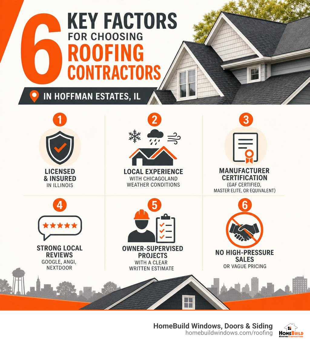 Infographic showing 6 key factors for choosing roofing contractors in Hoffman Estates, IL infographic