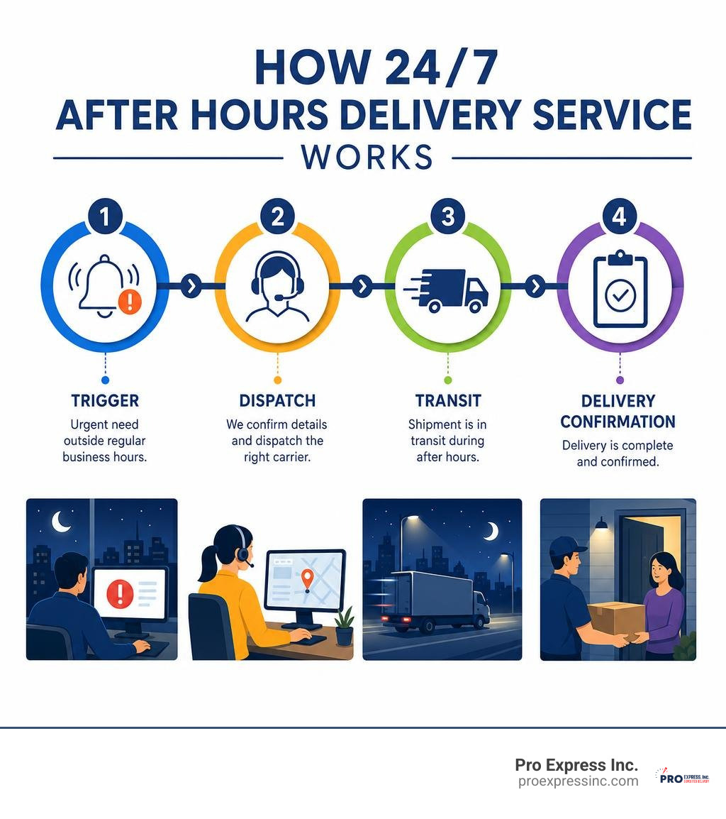 Infographic: How 24/7 after hours delivery service works — trigger, dispatch, transit, delivery confirmation infographic